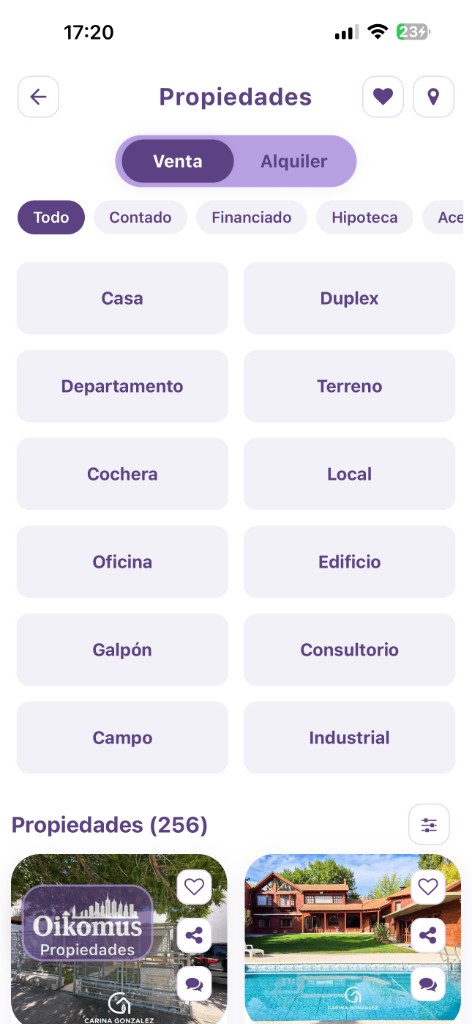 Pantalla Propiedades: venta, filtros y tipos de inmueble