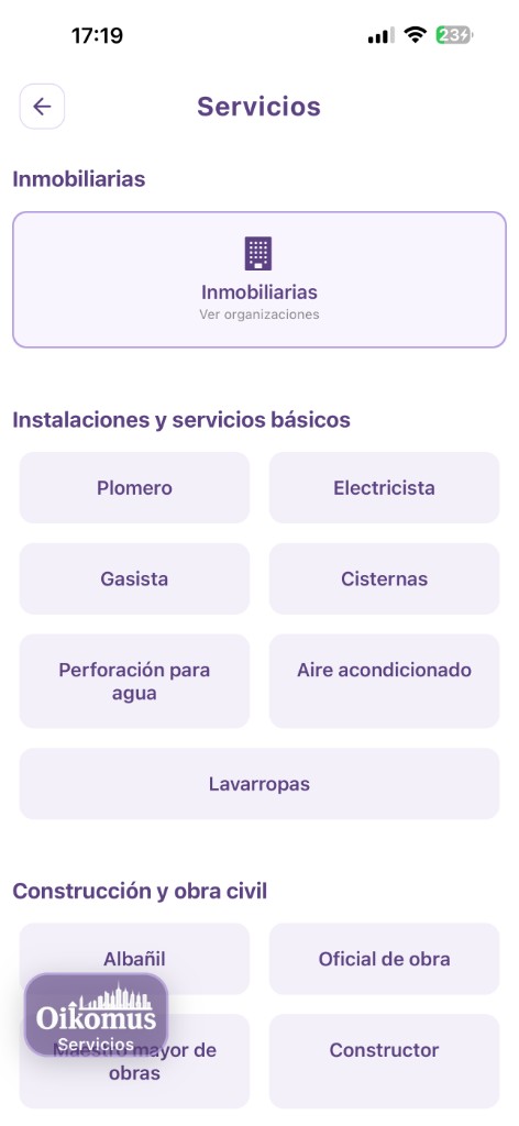 Pantalla Servicios: categorías de profesionales del hogar